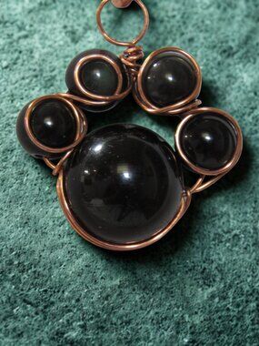 Handcrafted Black Obsidian Paw Print Copper Wire Wrap Dog Cat Mom